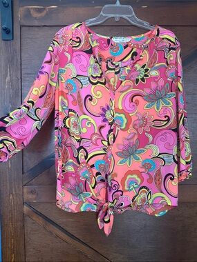 Peter Nygard Pink Multi Floral Tie-Front Blouse
